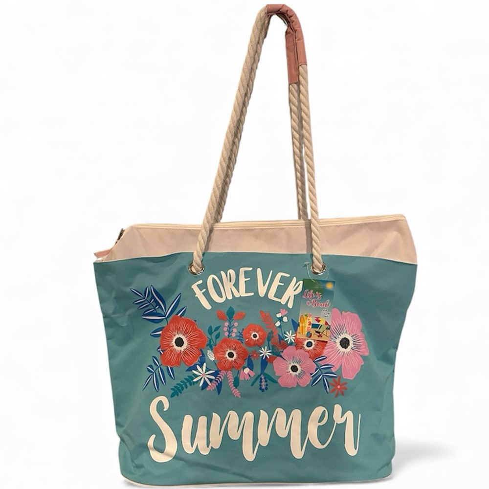 Forever Summer Floral Tote Bag - Teal and Cream Large